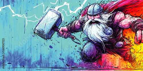 Powerful Norse Viking Warrior with Hammer and Lightning – Dynamic Comic-Style Illustration, Mythology, Heroic Fantasy Artwork