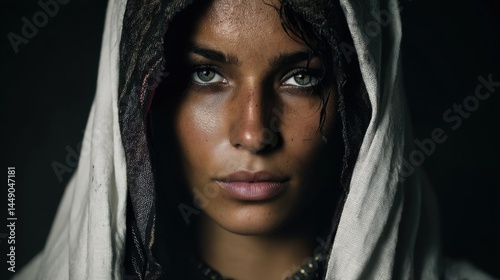Obraz na płótnie A woman with striking features gazes intensely, partially obscured by a translucent hood, conveying a sense of mystery and depth. w salonie