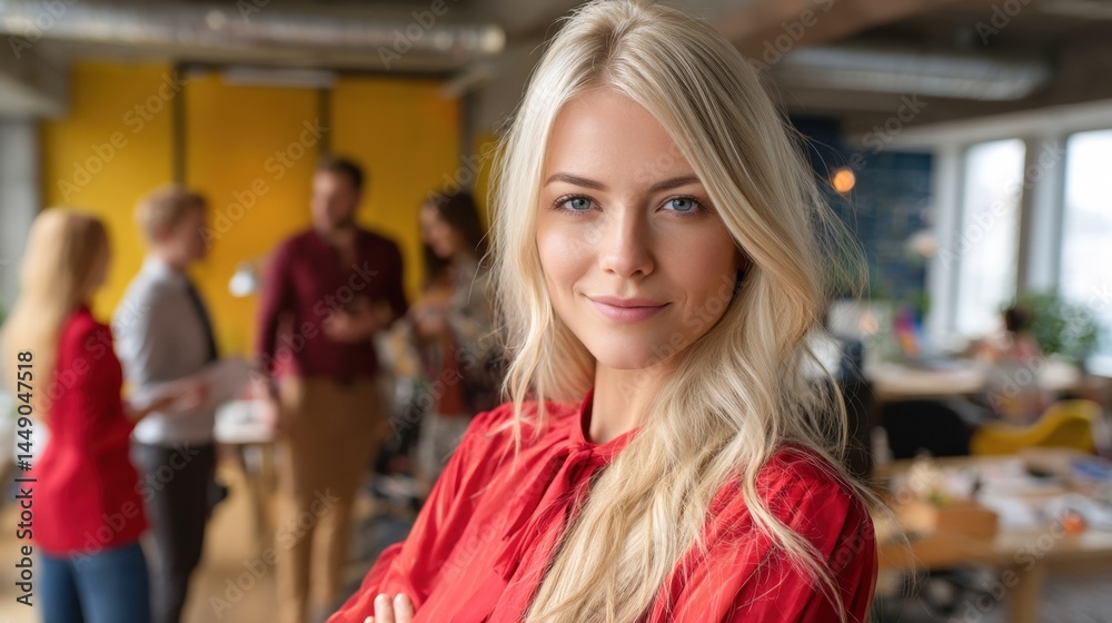Confident woman in a modern office, smiling while colleagues engage in discussions in the background, showcasing a dynamic work environment.