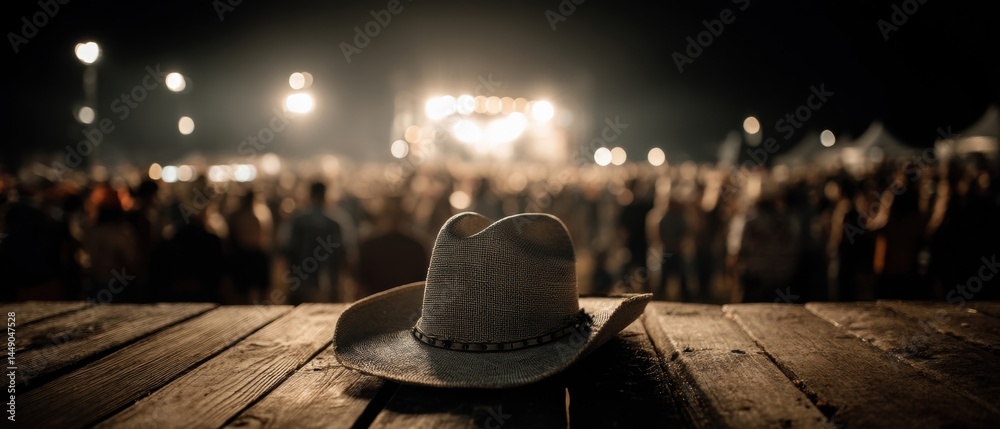 A cowboy hat rests on a wooden surface in front of a blurred crowd at a night event, illuminated by stage lights.