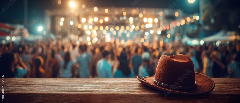 A cowboy hat rests on a wooden surface, overlooking a lively crowd and illuminated stage at a vibrant night event.