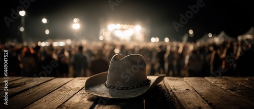 Obraz na płótnie A cowboy hat rests on a wooden surface in front of a blurred crowd at a night event, illuminated by stage lights. w salonie