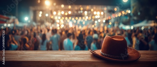 Obraz na płótnie A cowboy hat rests on a wooden surface, overlooking a lively crowd and illuminated stage at a vibrant night event. w salonie