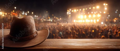 Obraz na płótnie A cowboy hat rests on a wooden railing, overlooking a vibrant concert crowd illuminated by bright stage lights. w salonie