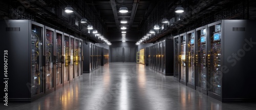 Data center corridor showcasing rows of servers and high-tech equipment under sleek lighting.