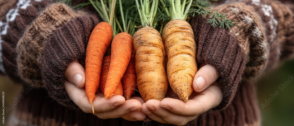A person in a cozy sweater holds a variety of colorful carrots, showcasing fresh produce from the garden.