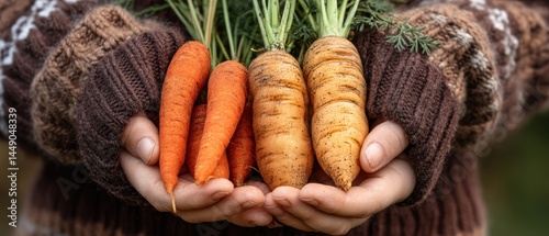 Obraz na płótnie A person in a cozy sweater holds a variety of colorful carrots, showcasing fresh produce from the garden. w salonie
