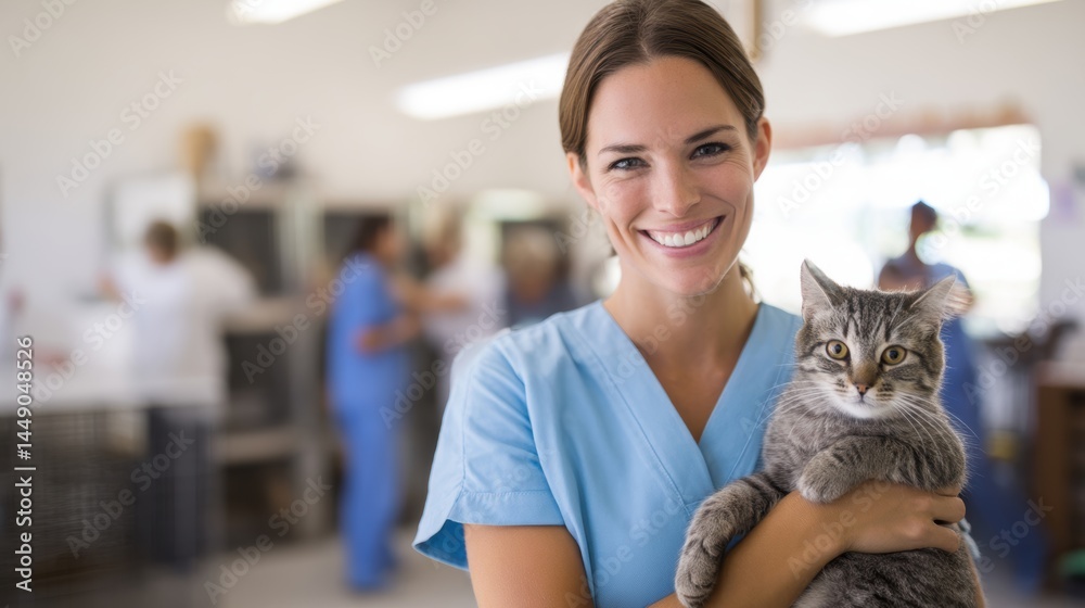 A smiling woman in scrubs holds a cat in a veterinary clinic with staff in the background, showcasing care and compassion for animals.