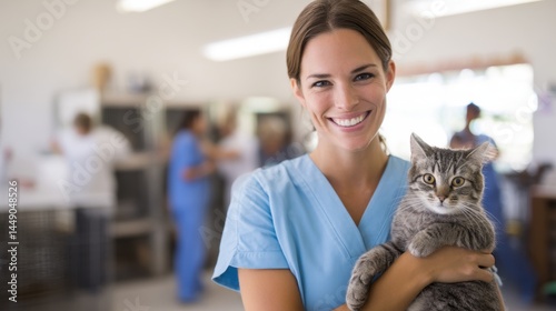 Obraz na płótnie A smiling woman in scrubs holds a cat in a veterinary clinic with staff in the background, showcasing care and compassion for animals. w salonie