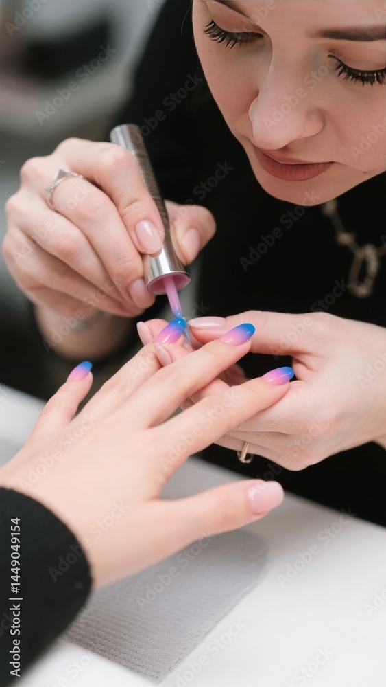 Nail Technician Applying Nail Polish to Client's Hand Nail Technician Applying Nail Polish to Client's Hand