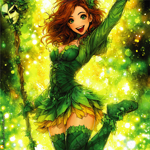 Vibrant Fantasy Anime Fairy Girl in Green Leaf Dress, Magic Forest Background, Cheerful Character Illustration