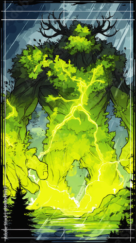 Majestic Nature Spirit Forest Giant with Lightning Power – Epic Fantasy Illustration, Vibrant Green, Stormy Landscape, Environmental Concept Art