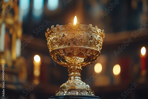 Golden candleholder with lit candle church