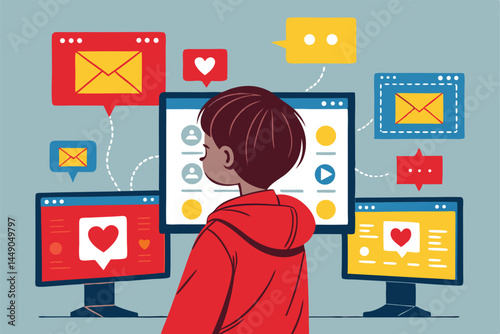 Flat vector illustration of a child intensely staring at multiple screens, depicting digital addiction and screen time overuse.
