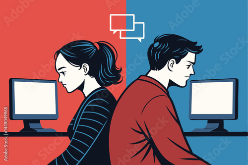 Flat vector illustration of a couple pointedly ignoring each other on a couch, showcasing silent conflict and emotional distance.