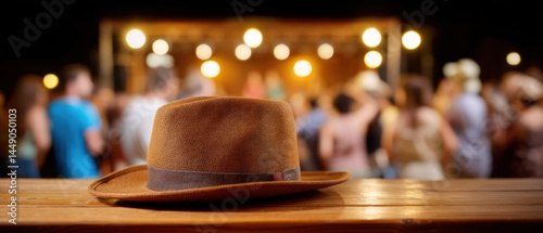 A stylish hat rests on a wooden table, with a blurred crowd and warm lights creating a lively atmosphere in the background.