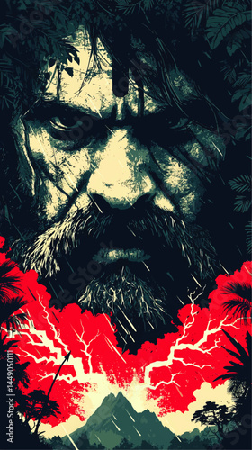 Intense Jungle Survivor Portrait with Volcano Eruption, Dramatic Lightning, and Dark Wilderness, Retro Vector Illustration Art