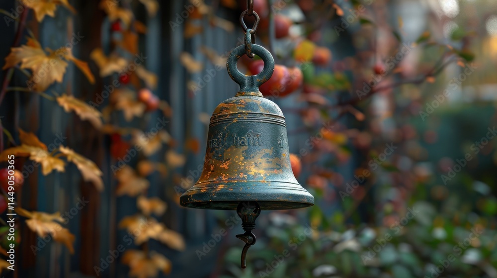 Fototapeta premium Rustic bell hanging from wall, autumnal decor