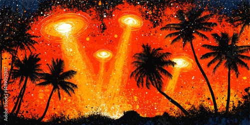 Surreal Tropical Landscape with UFOs and Palm Trees at Night, Vibrant Orange Sky, Alien Invasion, Sci-Fi Vector Illustration