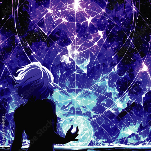 Anime Silhouette Girl Gazing at Abstract Cosmic Galaxy with Glowing Blue Energy and Star Map Background, Futuristic Sci-Fi Art