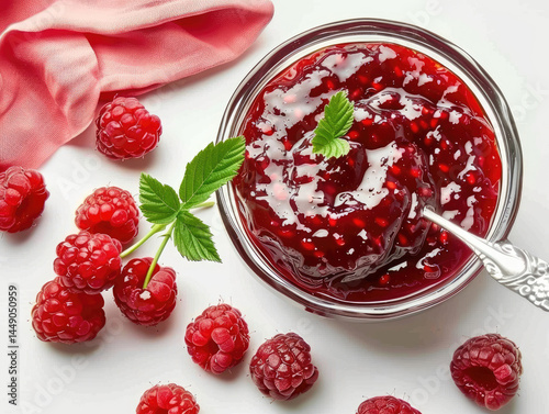 Fresh raspberry jam in a glass bowl, surrounded by fresh raspberries