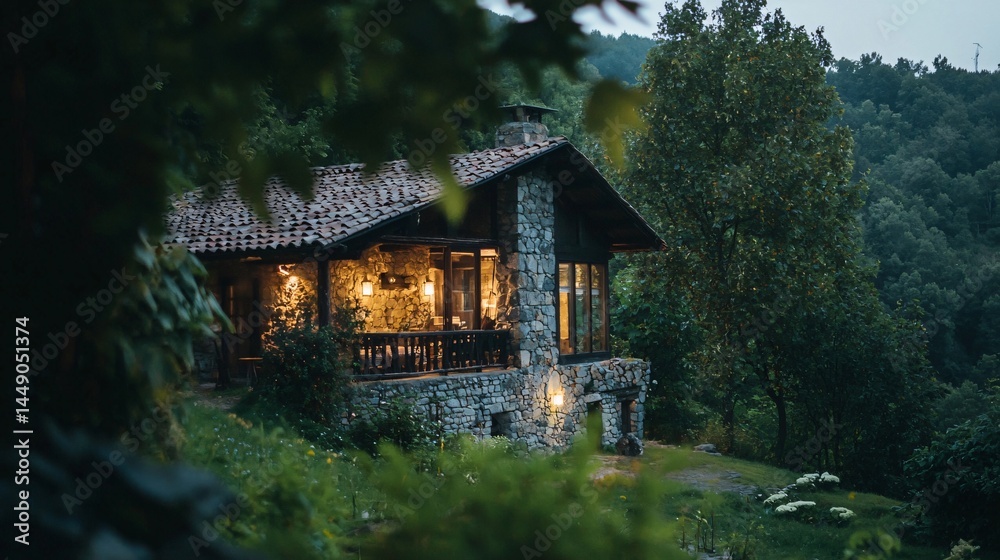 Stone Cabin in Lush Forest, Warm Lighting, Vacation Rental Image Stone Cabin in Lush Forest, Warm Lighting, Vacation Rental Image