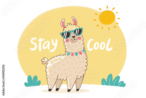 A fluffy llama wearing stylish sunglasses, playfully saying "Stay Cool!" in a whimsical, summery scene.