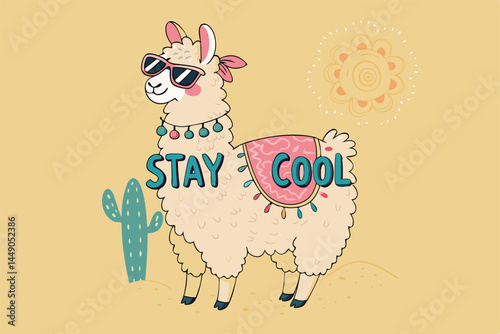 Create a whimsical illustration of a fluffy llama wearing stylish sunglasses, nonchalantly saying "Stay Cool" in a speech bubble.