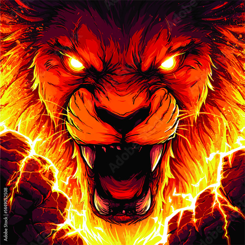 Fierce Roaring Lion Illustration with Fiery Glowing Eyes and Flames, Powerful Animal Art for Posters and Branding