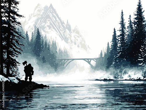 Winter Wilderness Landscape with Lumberjack Silhouette, Snowy Pine Forest, Mountains, River and Bridge – Vector Art Illustration