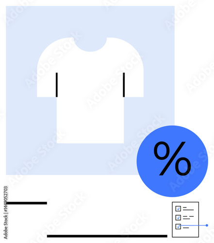 White t-shirt, blue percentage icon, checklist with completed tasks and editing tools. Ideal for apparel design, quality assurance, pricing, fashion trends review, creative process, data insights