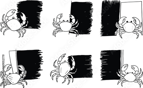 Seamless pattern of hand drawn crabs with black brush stroke background