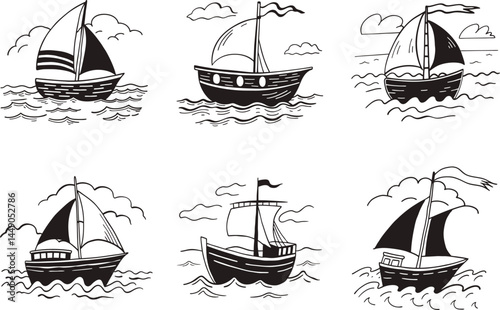 Collection of hand drawn sailboats on sea waves illustration set