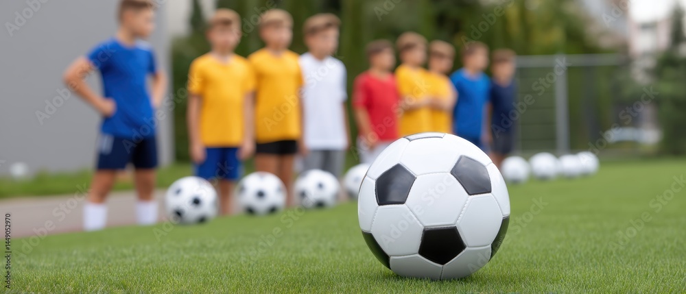 Young soccer players practice on a field, with a focus on a soccer ball in the foreground and teammates in colorful shirts behind. Young soccer players practice on a field, with a focus on a soccer ball in the foreground and teammates in colorful shirts behind.