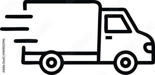 Outline illustration of a delivery truck with dynamic lines indicating fast transport speed. E-commerce delivery transportation
