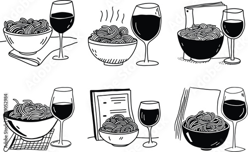 Hand drawn seamless pattern with pasta bowls and wine glasses on white