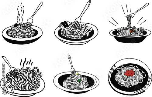 Handdrawn pasta illustrations black and white seamless pattern italian cuisine design