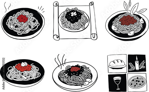Hand drawn italian spaghetti dishes collection food theme monochrome line art
