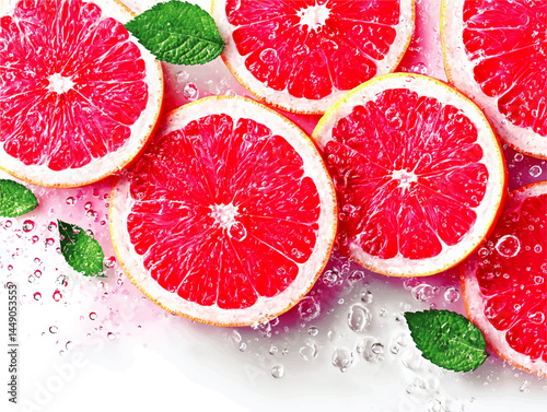 Fresh Grapefruit Slices with Mint Leaves and Water Splash on White Background – Vibrant Summer Citrus Fruit Concept