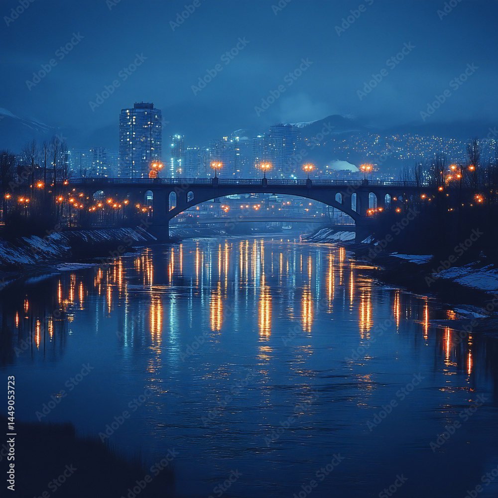 Fototapeta premium Night view of a bridge with city lights reflecting on the water