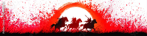 Dynamic Silhouette of Warriors on Horseback Against Vibrant Red Watercolor Sun and Splatter Background, Epic Artistic Banner