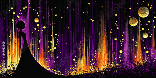 Elegant Silhouette of Woman in Gown Against Abstract Purple and Gold Night Sky with Glittering Particles and Lights