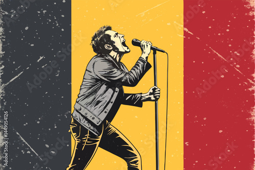Design a grunge-textured vector poster for a karaoke event.  Include microphone, musical notes, and a distressed background.  Aim for a gritty, urban vibe.