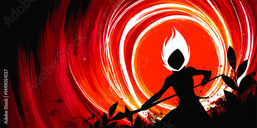 Fiery Abstract Silhouette Warrior with Flaming Hair and Spear in Dynamic Red Swirl Background – Powerful Vector Art