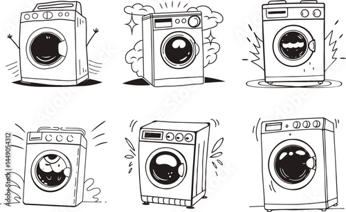 Cartoon line art washing machine clipart illustrations for laundry and cleaning