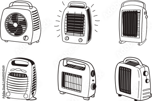Collection of portable space heaters doodle style black and white illustration