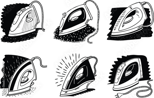 Ironing appliances illustration pattern in black and white seamless repeating design