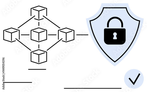 Blockchain network diagram connecting cubes to represent blocks, shield with lock symbol for security, and checkmark. Ideal for cybersecurity, data integrity, blockchain, technology, trust