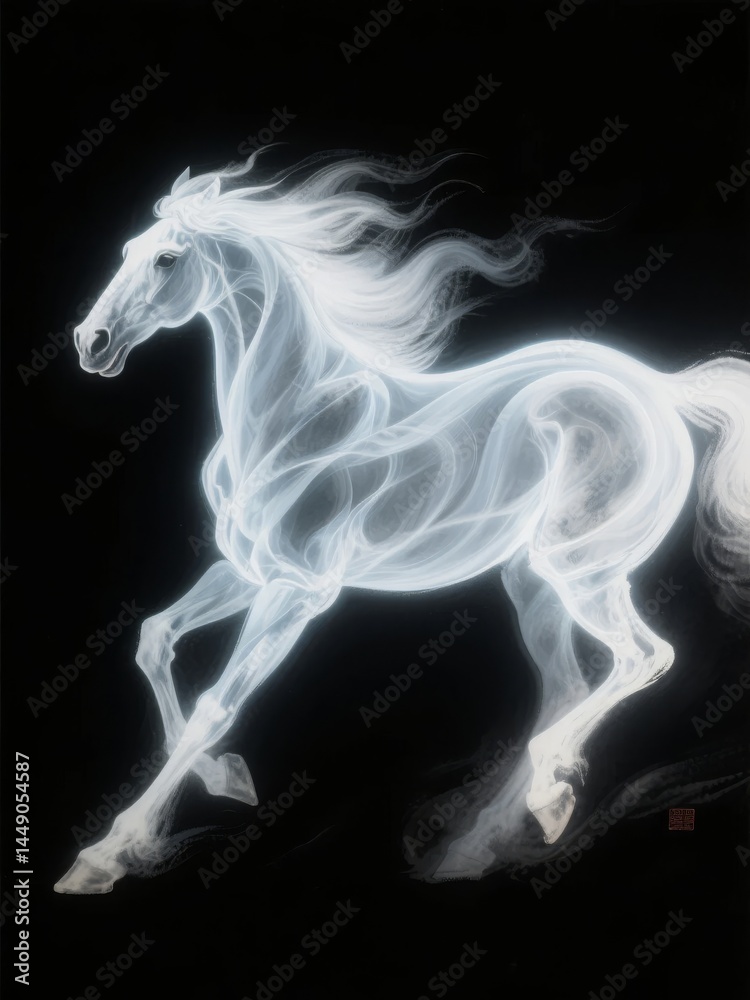 Naklejka premium A glowing, ethereal horse in motion against a black background