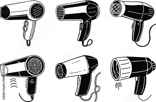 Six hair dryer illustrations in black and white minimalist doodle style